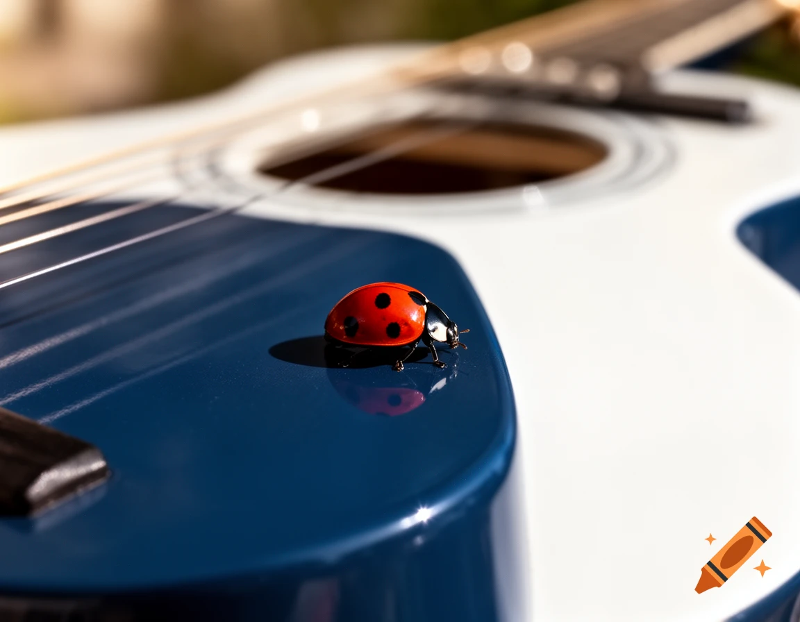 A red ladybug with black spots rests on the dark blue section of a white and blue acoustic guitar.