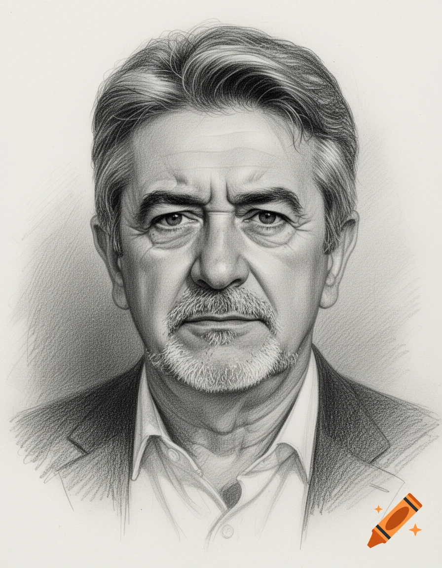 Pencil drawing portrait of Jean-Luc Mélenchon, a middle-aged man with grey hair and beard, looking directly forward.