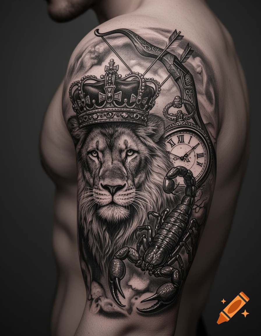 Black and grey full sleeve tattoo on a man's arm depicting a crowned lion, scorpion, bow with arrows, and a pocket watch.