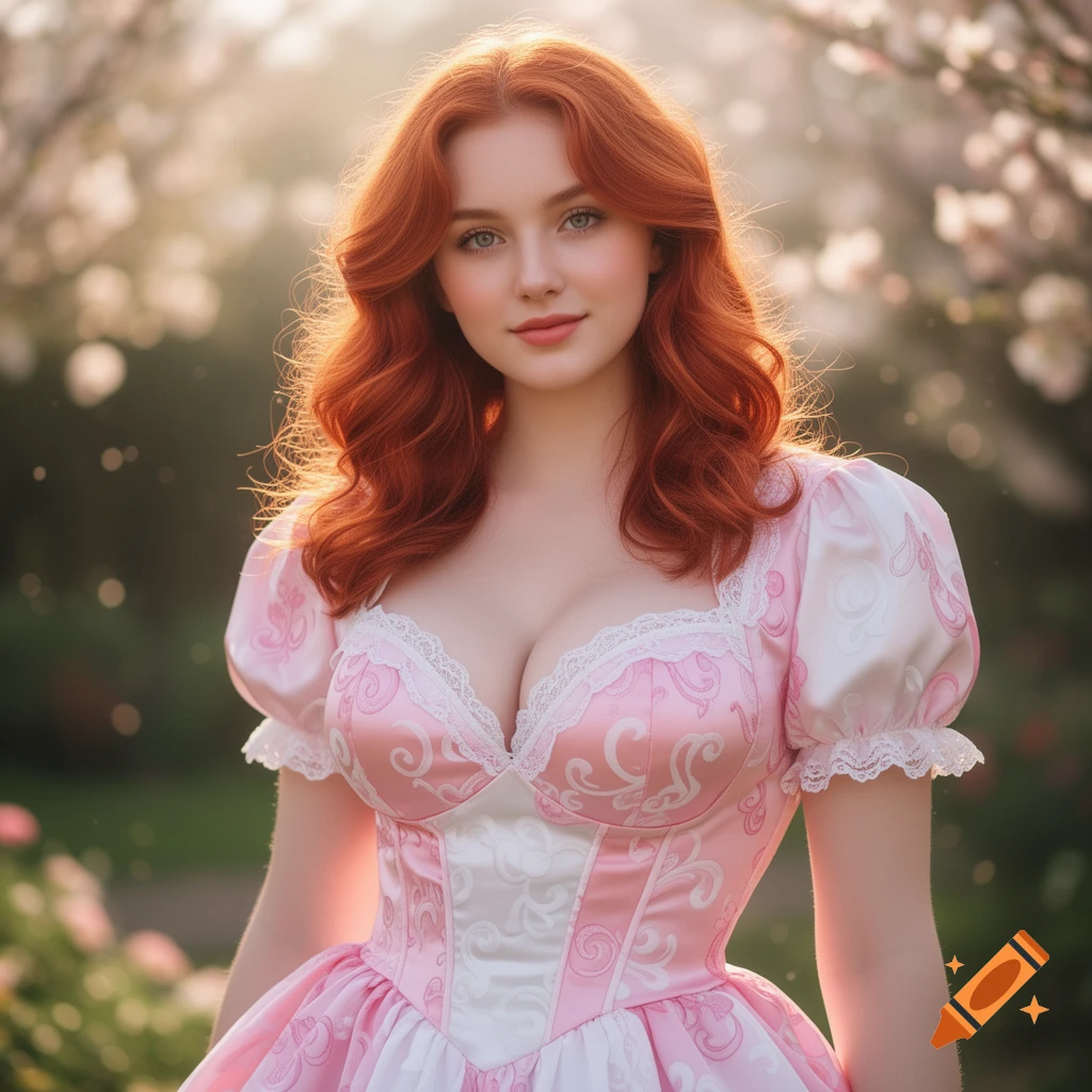 Photorealistic portrait of a red-haired woman in a pink and white fairytale dress, standing in a sun-dappled garden.