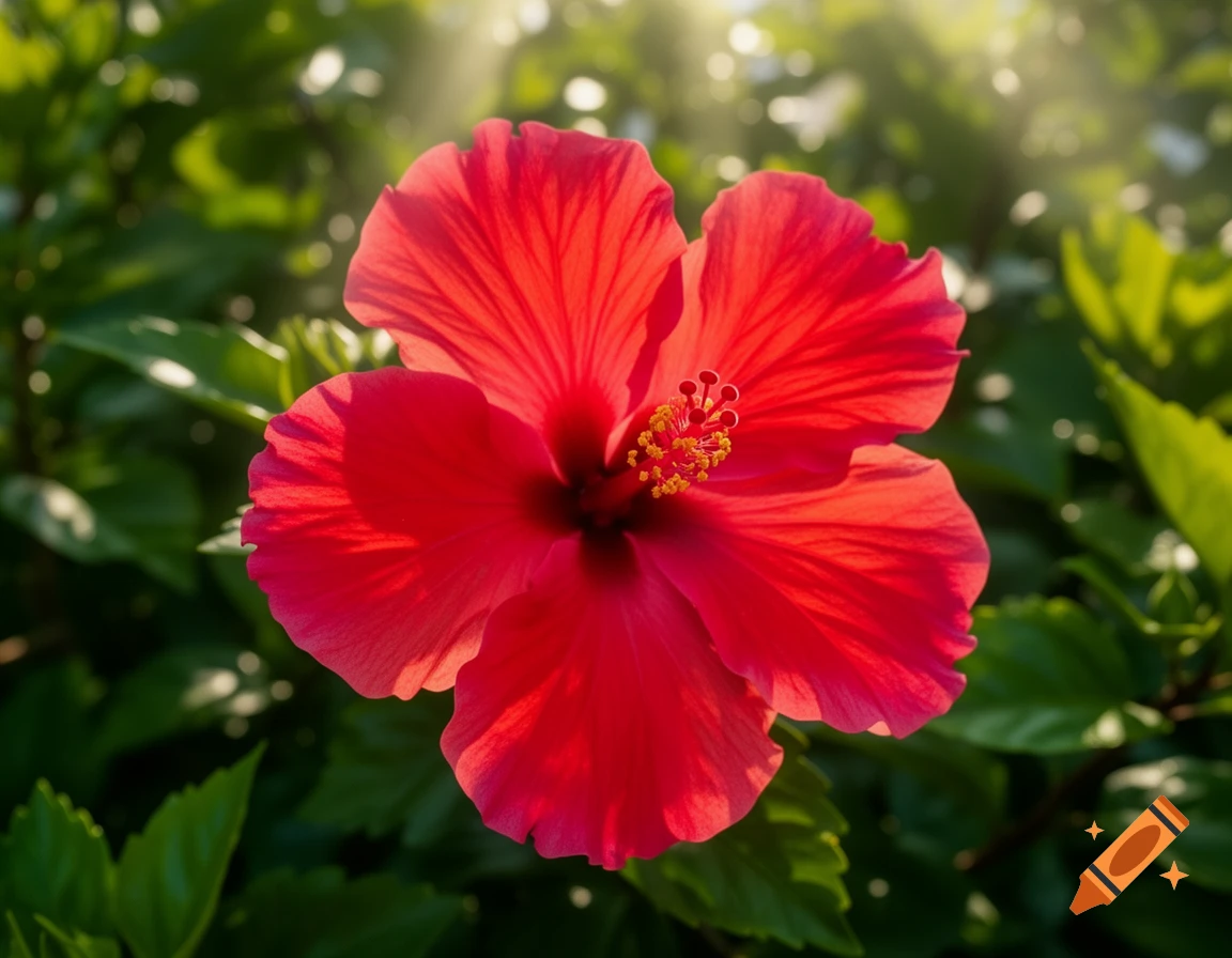 Close-up of a vibrant red hibiscus flower with yellow stamens, against a green leafy background with sun rays.