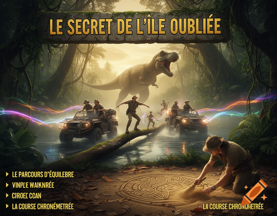 An "Indiana Jones" style image of explorers in a jungle with a T-Rex. One explorer examines ancient carvings in the sand while jeeps navigate a river and a person balances on a log. Text overlays include a title and a list of activities.