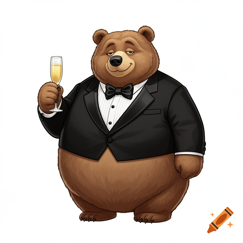 A cartoon brown bear in a tuxedo and bow tie, holding a champagne flute with a cheeky, tipsy expression on a white background.