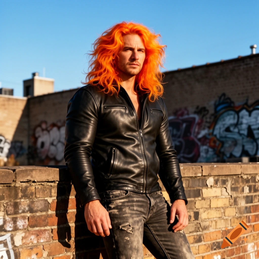 A man with vibrant orange hair and a black leather jacket poses on a rooftop with graffiti in the background.