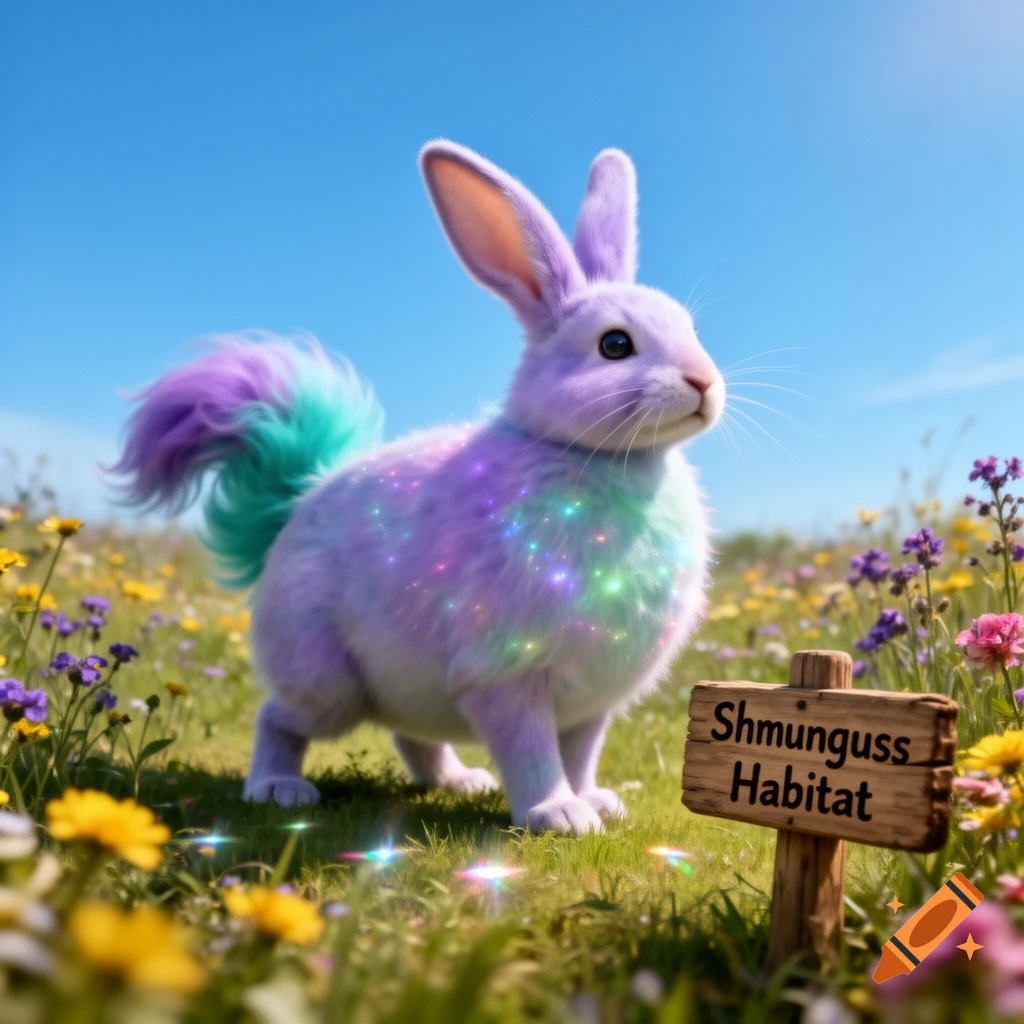A pastel purple and green sparkling rabbit with a fluffy teal tail stands in a wildflower field next to a sign saying 'Shmunguss Habitat'.