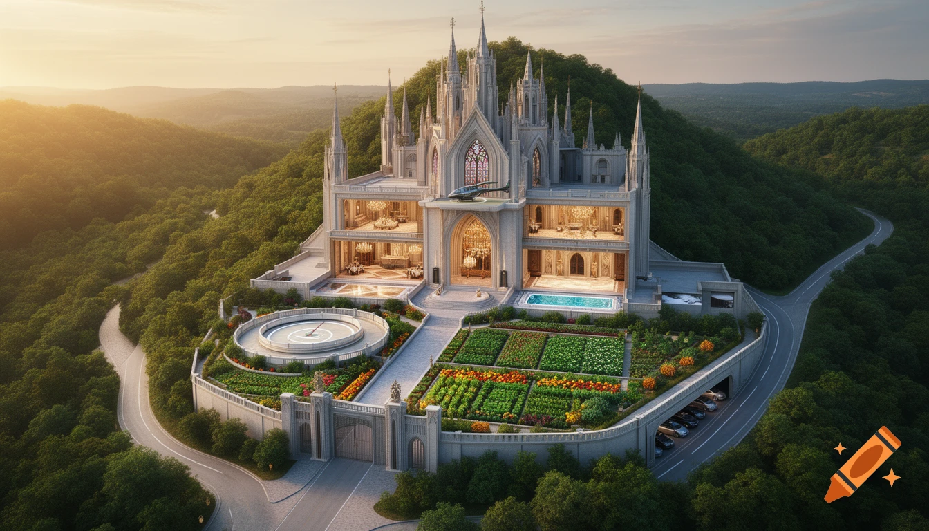 An elaborate, modern fantasy castle on a hill surrounded by dense forest, with a road leading to its gate, a helipad, gardens, and visible interior rooms.