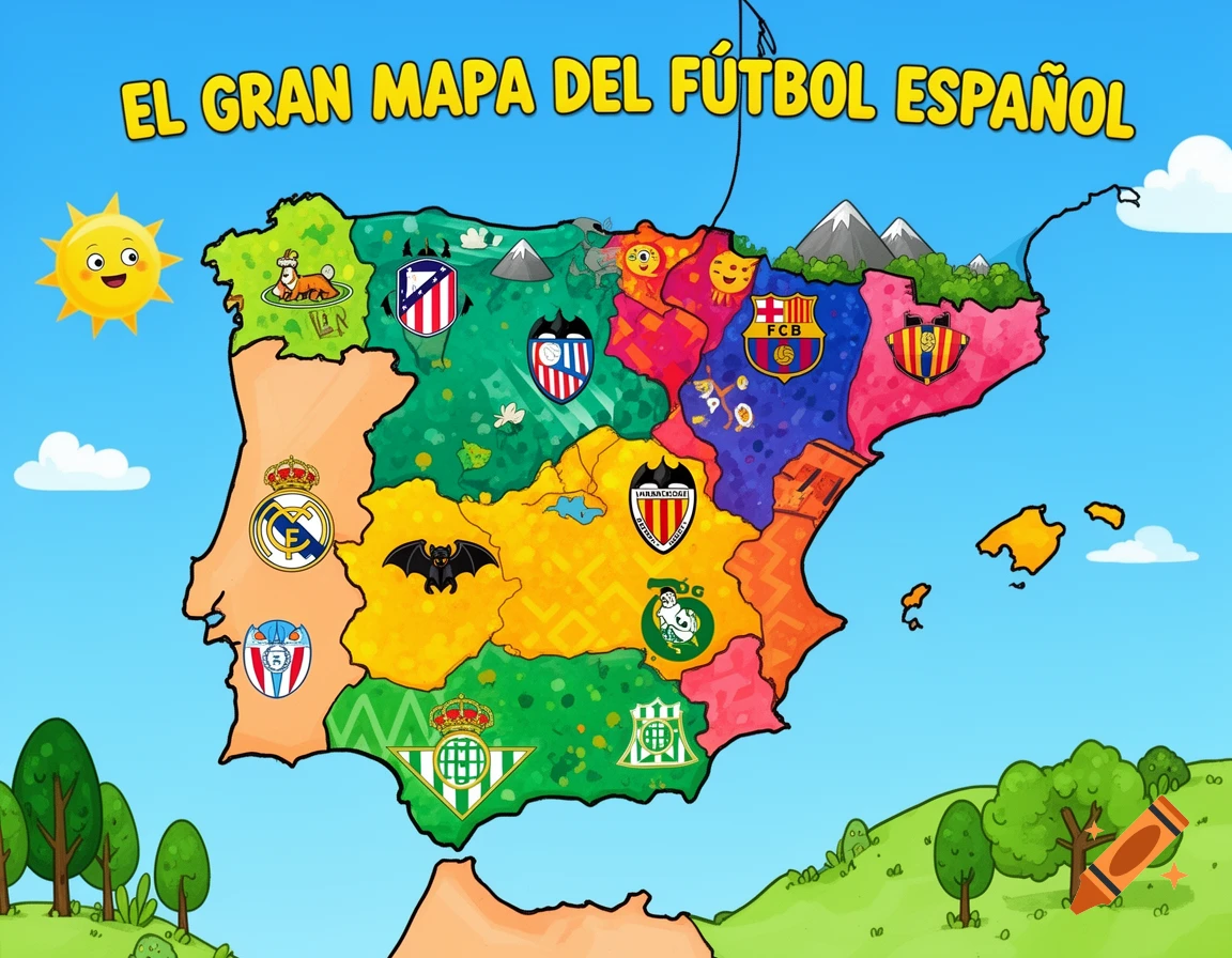 A colorful cartoon map of Spain showing regions with football club crests, titled 'El Gran Mapa del F ú tbol Espa ol'.