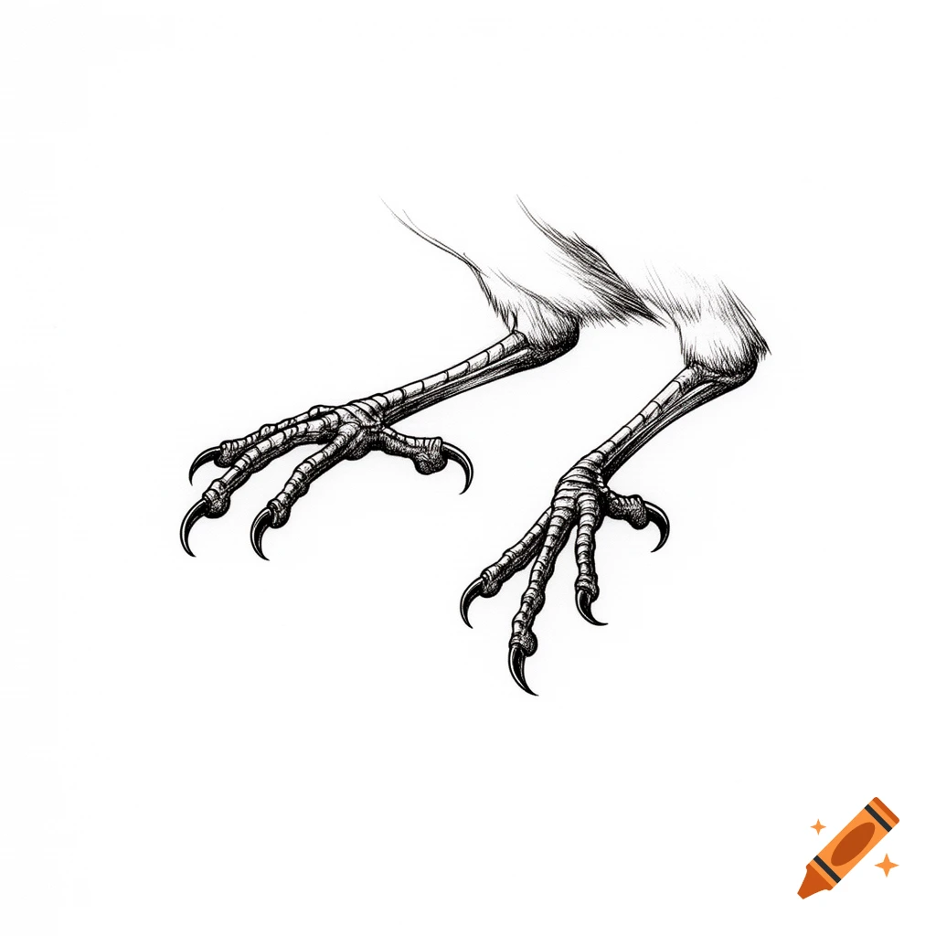 A black ink drawing of two detailed bird feet with sharp claws, shown from the lower legs down, on a white background.
