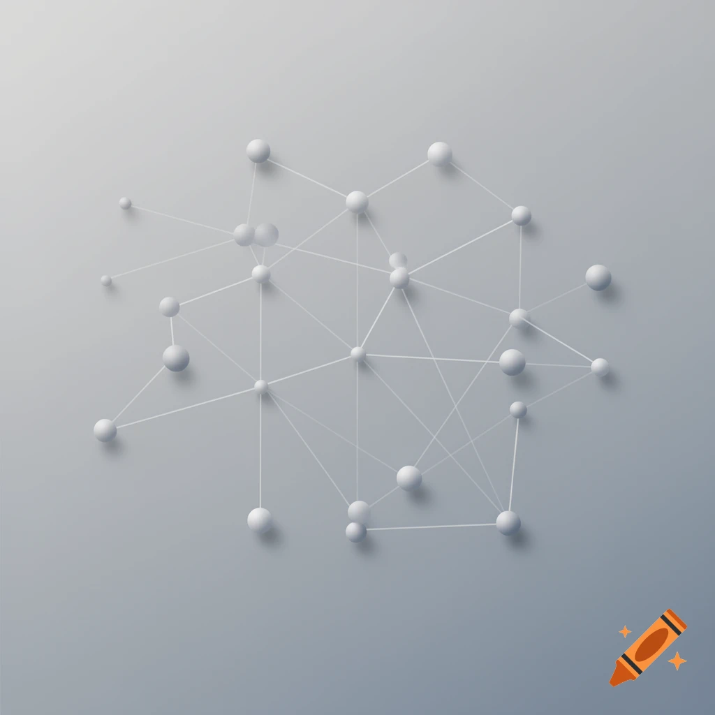 Abstract illustration of a 3D network of white spheres connected by lines, casting shadows on a gray background.