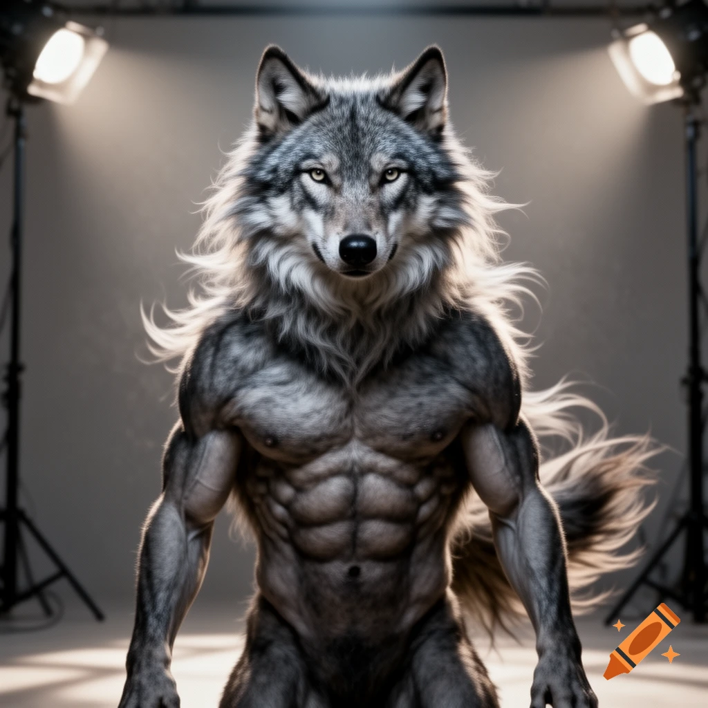 A photorealistic muscular anthropomorphic wolf stands in a studio setting, lit by two spotlights.