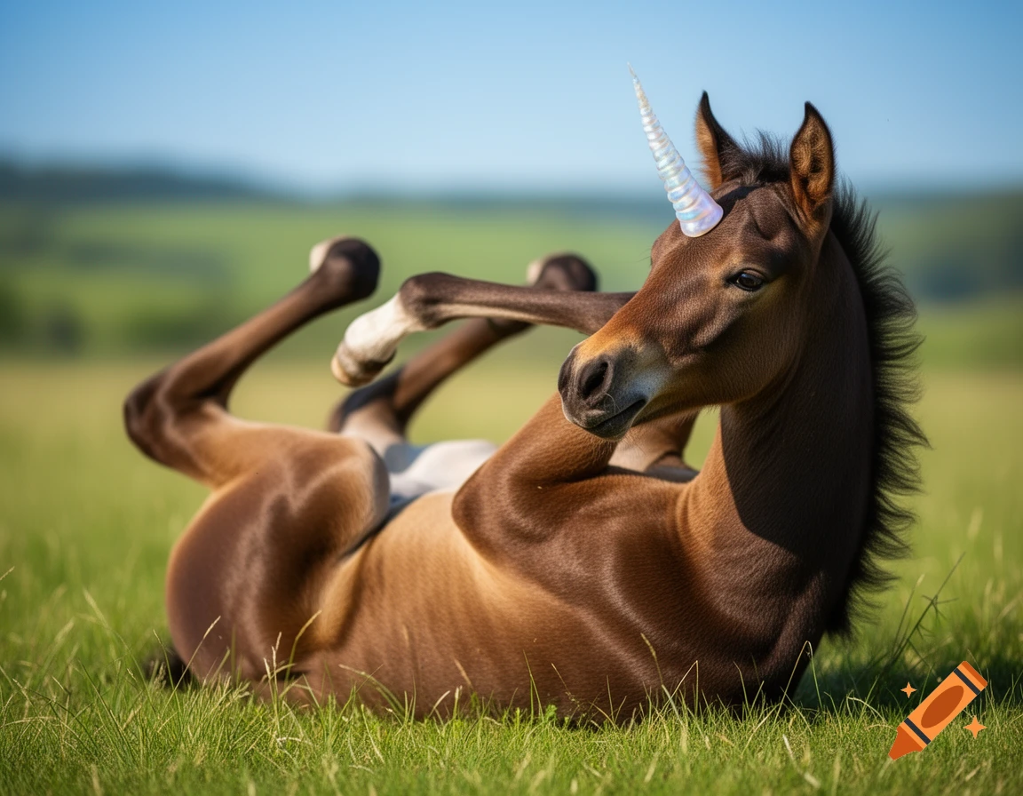 Photorealistic brown foal with an iridescent unicorn horn rolling on its back in a sunny green field.