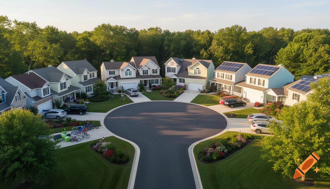 An aerial view of a suburban cul-de-sac with several houses, cars, and lush green landscaping under a clear sky.