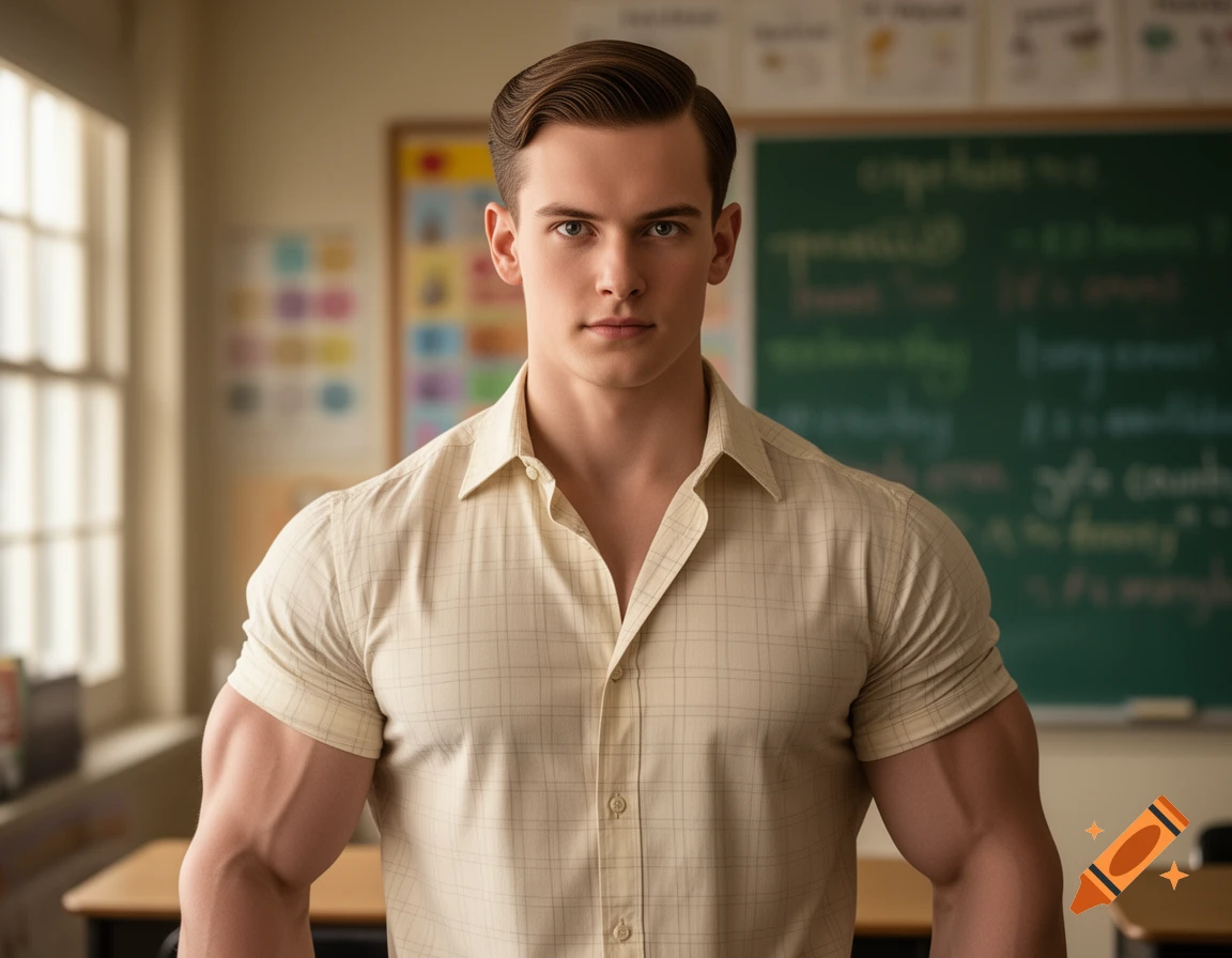 A muscular young man in a plaid shirt stands in a classroom with a chalkboard behind him. Photorealistic.
