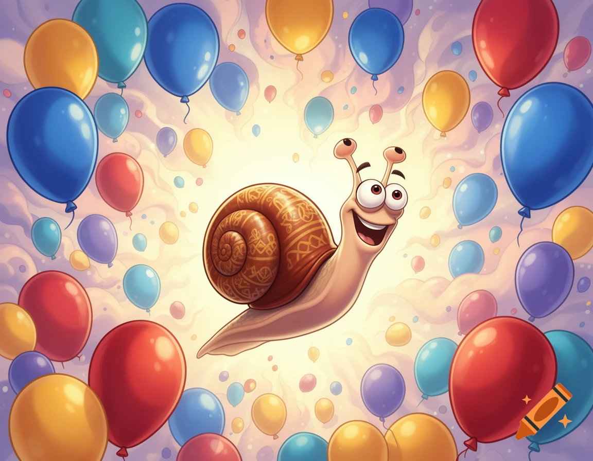 A happy cartoon snail with an intricate shell playfully floats amidst a vibrant cluster of colorful balloons against a bright sky, in a 2-D cartoon style.
