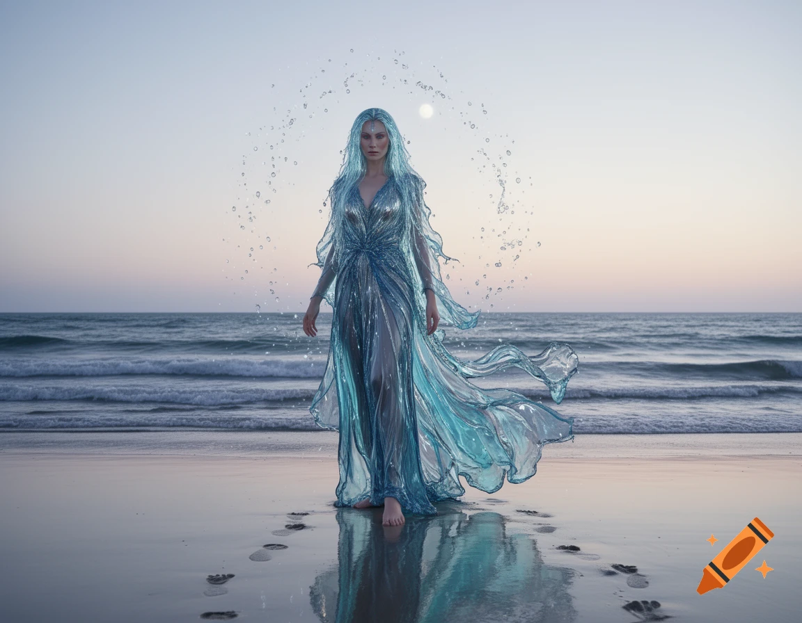 Photorealistic water elemental woman with blue hair and a translucent dress made of water, standing on a reflective beach at sunset.