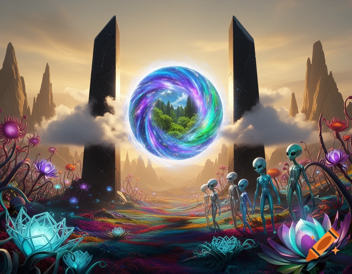 A vibrant fantasy landscape with a family of grey aliens gazing at a swirling portal to Earth, flanked by two black monoliths and glowing alien plants.