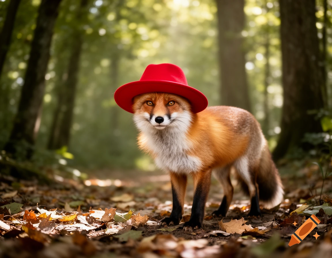 A photorealistic red fox wearing a red hat stands on a forest path covered in autumn leaves, with blurred trees behind it.
