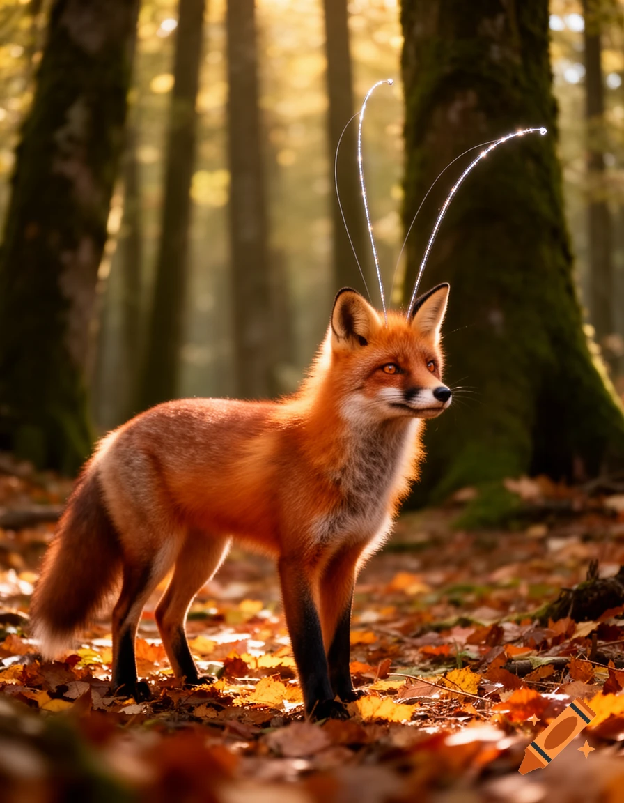 A red fox with glowing antennae stands among fallen autumn leaves in a sunlit forest.