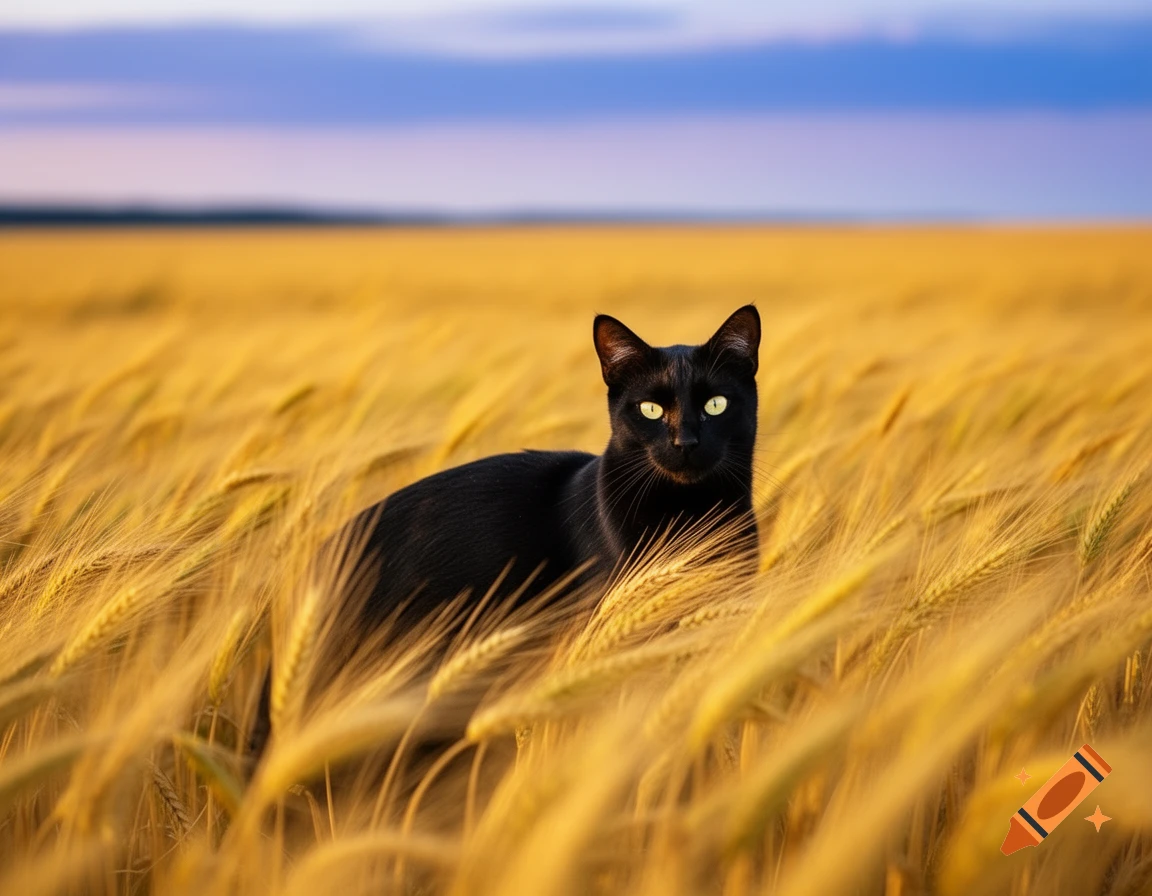A black cat with glowing yellow eyes stands in a vibrant golden wheat field under a pastel evening sky.
