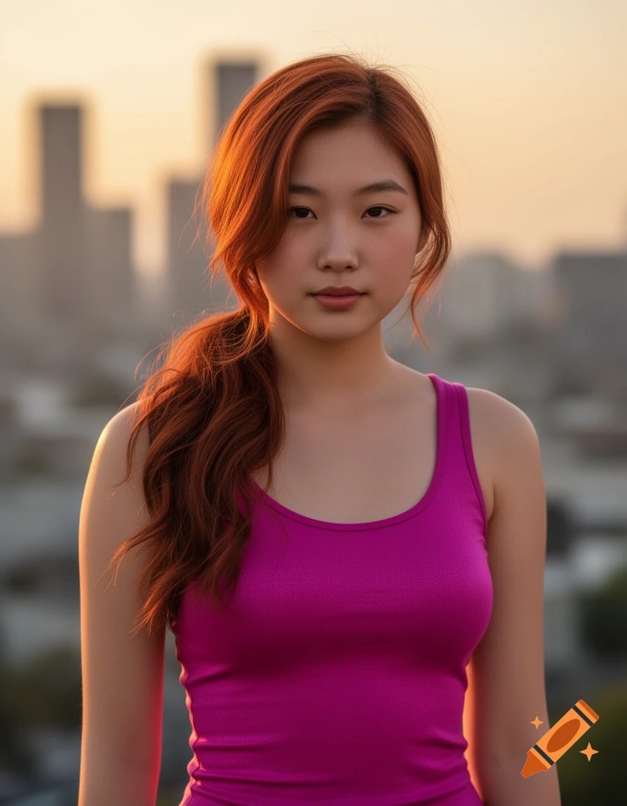 Photorealistic portrait of a young Asian American woman with auburn hair in a magenta tank top against a blurred city skyline at sunset.