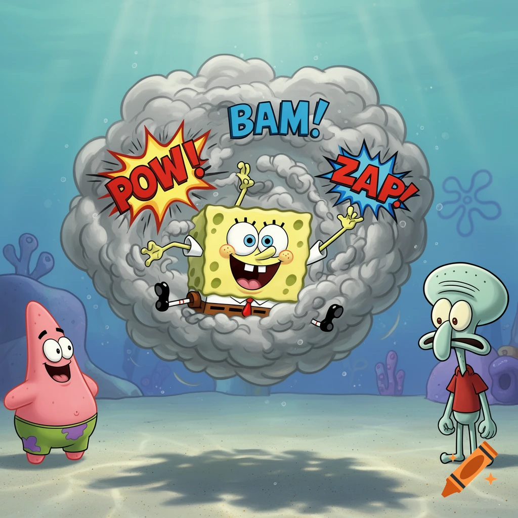 SpongeBob SquarePants in a gray fight cloud with comic book sound effects, as Patrick Star and Squidward Tentacles watch in an underwater scene.