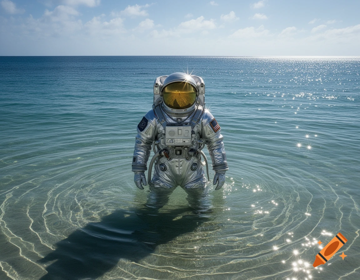 A photorealistic astronaut in a silver suit stands knee-deep in clear blue ocean water under a sunny sky.