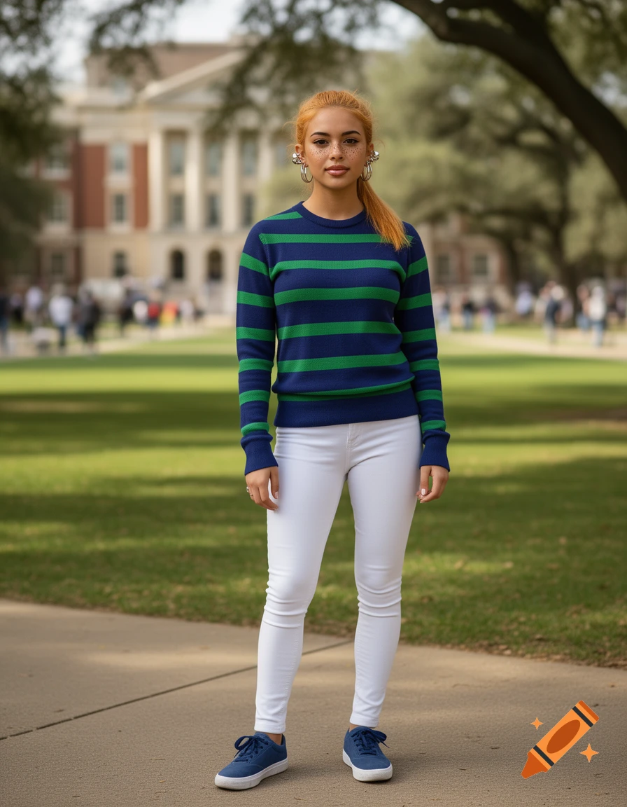 A photorealistic portrait of a young woman with strawberry blonde hair and freckles, wearing a striped sweater, white jeans, and blue sneakers, standing on a college campus.