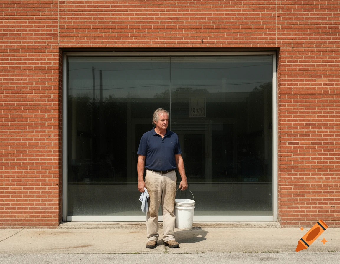 An older man stands with a bucket and a cloth in front of a brick building with a large dark window.