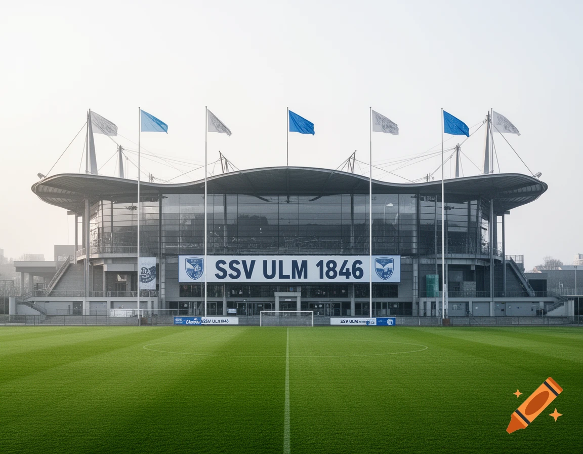 A wide shot of a modern football stadium with a lush green pitch under a bright, clear sky. Banners display 'SSV ULM 1846'.