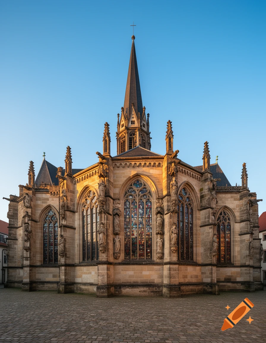 A majestic stone church with a tall spire and colorful stained-glass windows, bathed in warm sunlight against a clear blue sky.