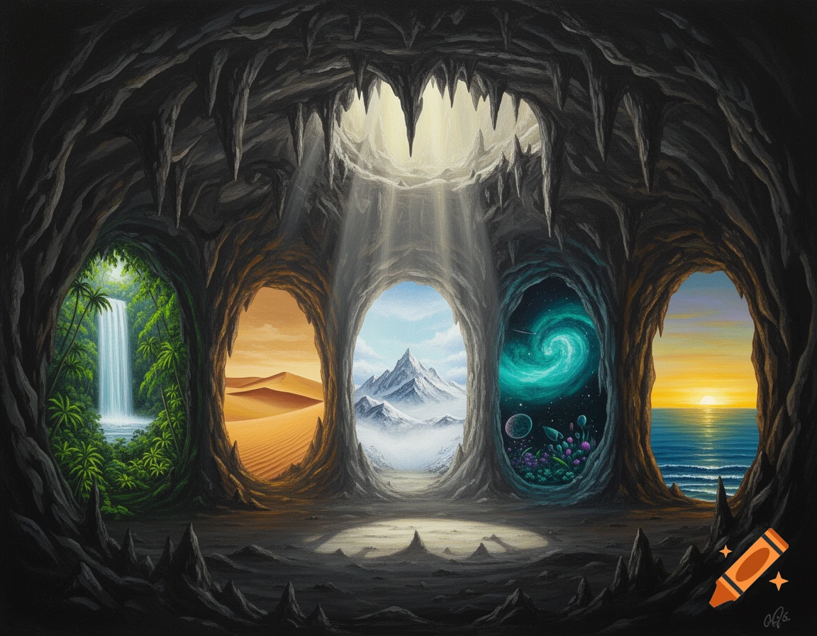 Acrylic painting of a cave with five arches, each showing a different world: waterfall, desert, mountains, galaxy, and ocean sunset.