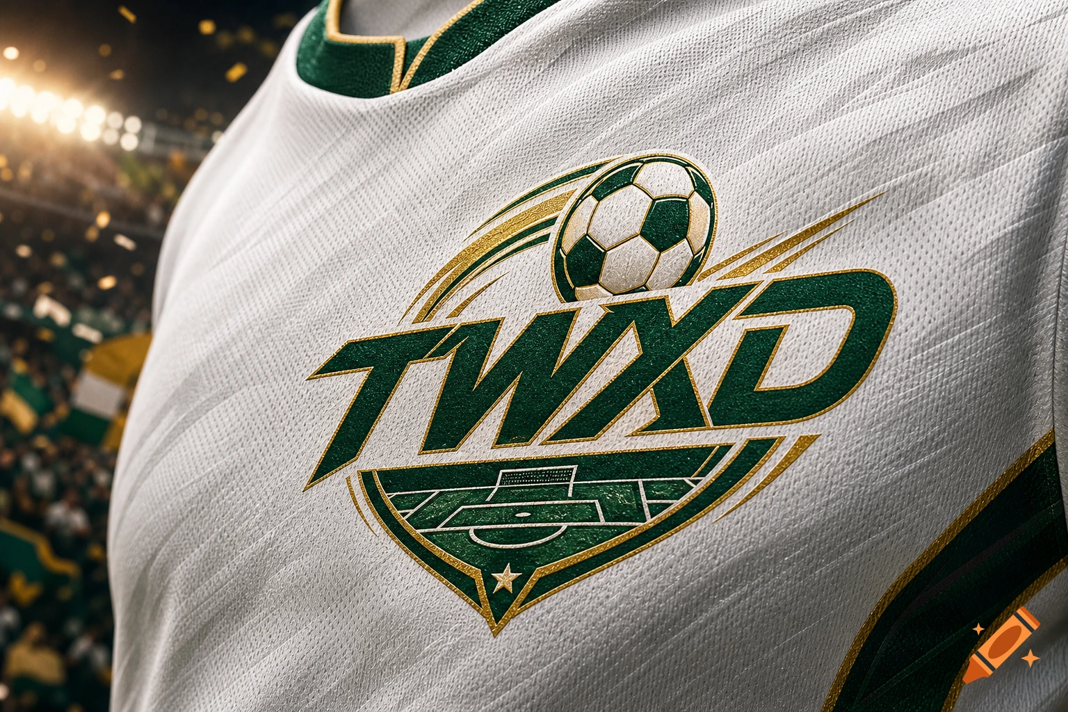 Close-up of a white soccer jersey with a green and gold 'TWXD' logo featuring a soccer ball and a field design. A stadium is in the background.