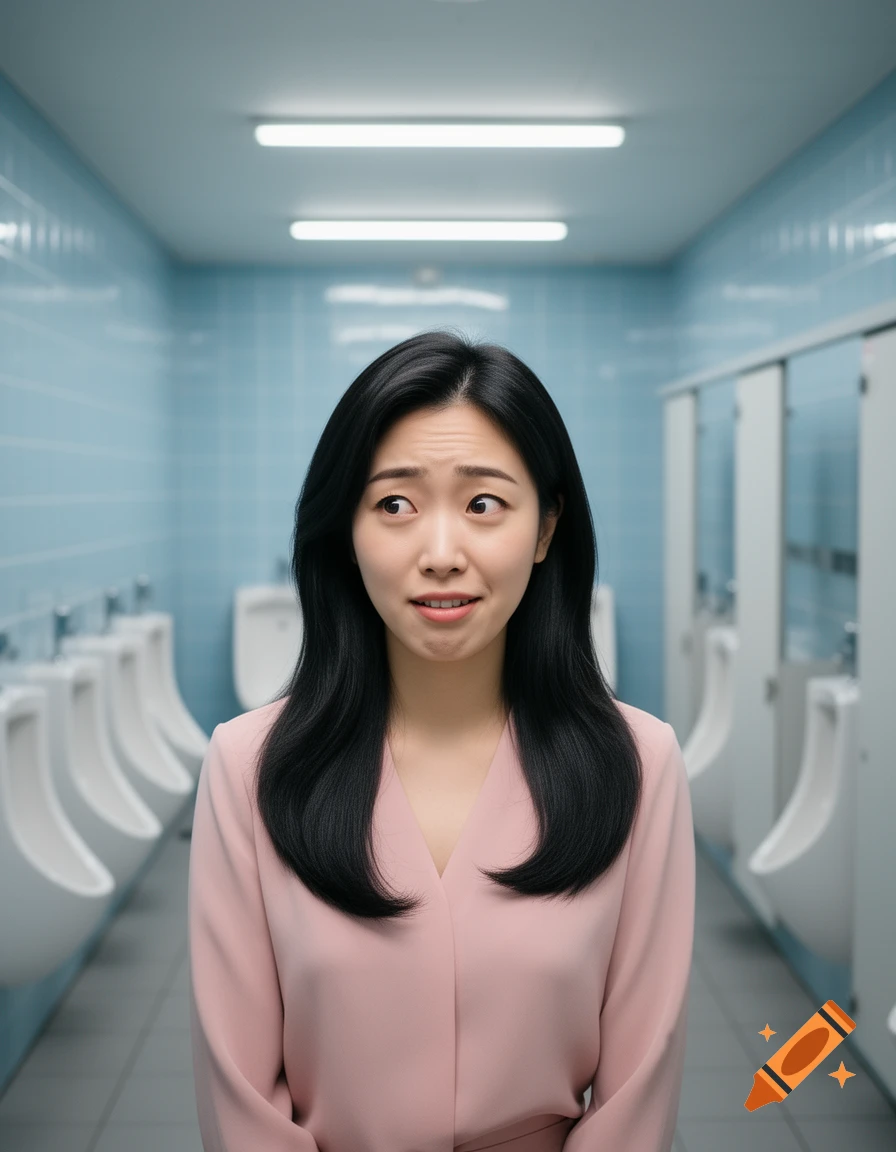 A young woman with a concerned expression stands in a men's public restroom with urinals.