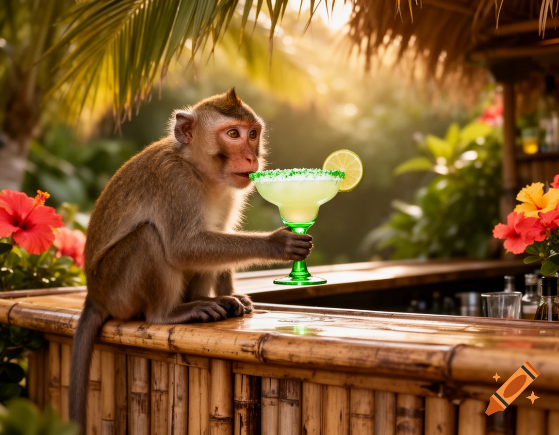 A photorealistic monkey sits at a bamboo bar, holding a green margarita with a lime slice in a tropical, sunny setting.