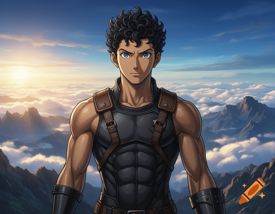 Anime-style man with dark curly hair and blue eyes, wearing black and brown armor, standing above clouds at sunrise.