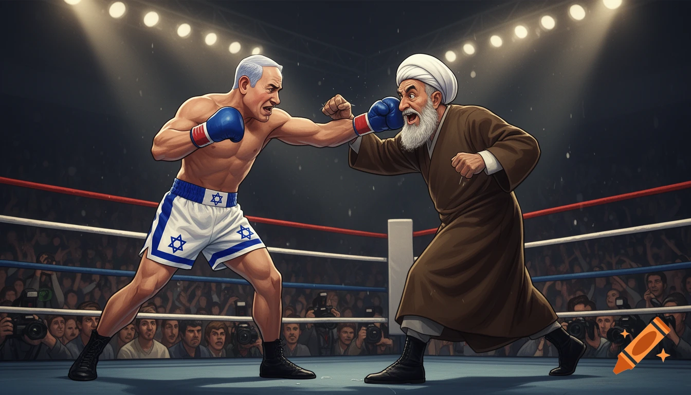 Cartoon of Benjamin Netanyahu in blue shorts with a Star of David punching an Ayatollah in a boxing ring, watched by a crowd.