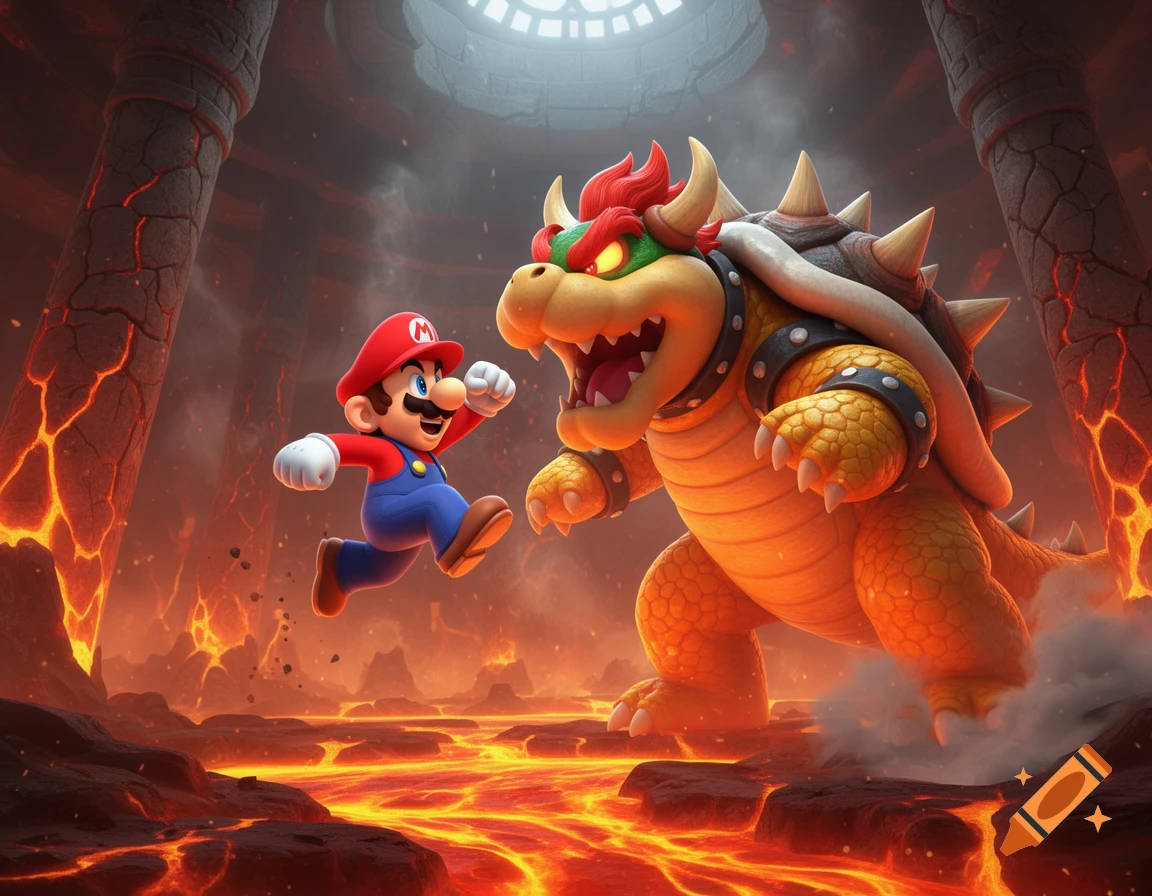 Cartoon Mario jumps towards Bowser in a fiery, lava-filled fortress with cracked columns and an overhead light.