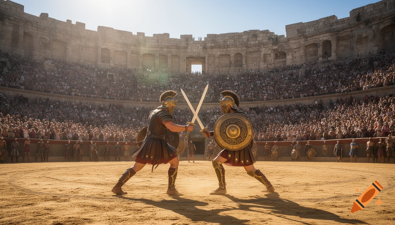 Two armored gladiators clash swords in a sunlit sandy arena filled with a large cheering crowd, photorealistic style.