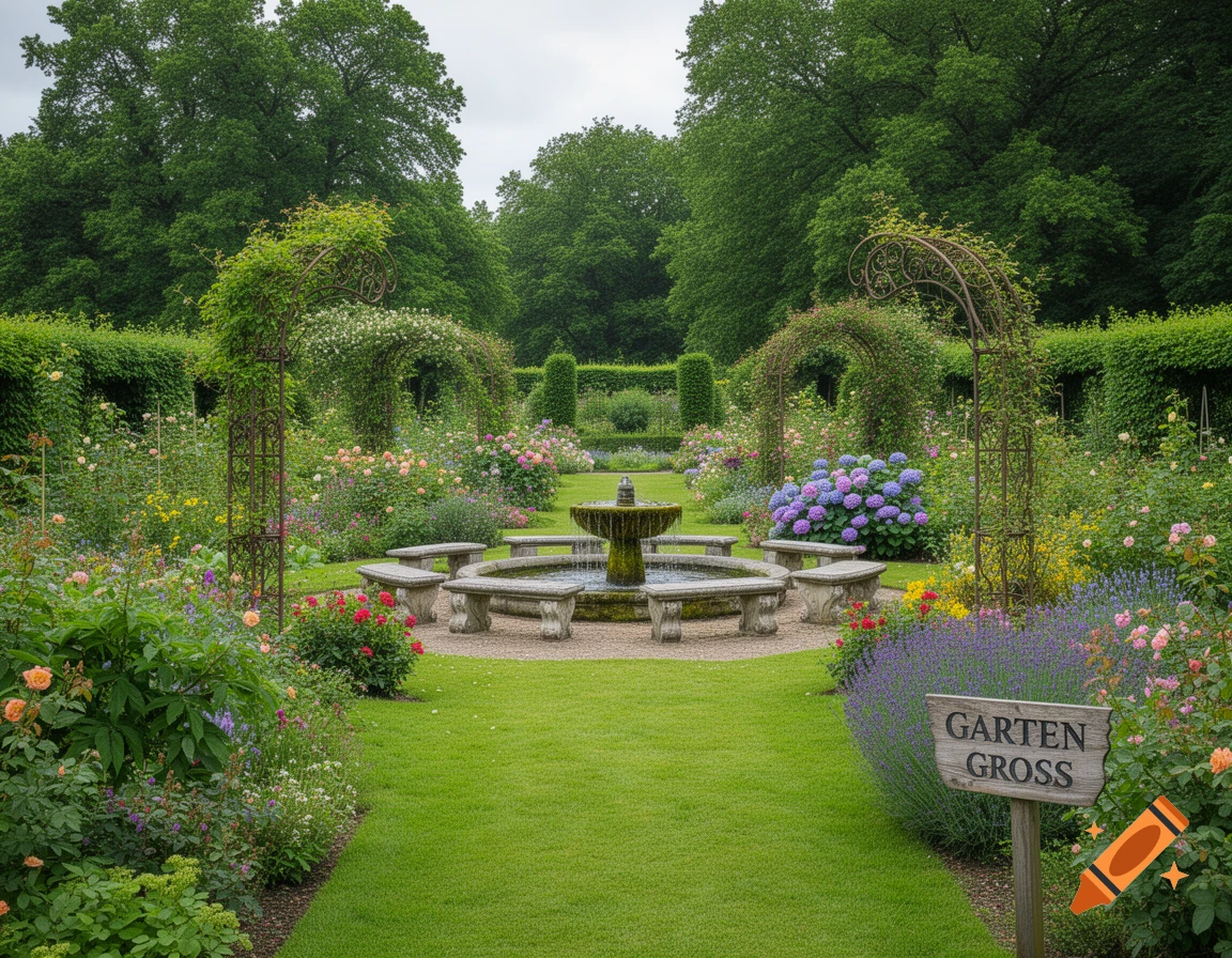 A beautiful, lush garden with a central tiered stone fountain, surrounding stone benches, colorful flowers, green grass, and a wooden sign reading "GARTEN GROSS".