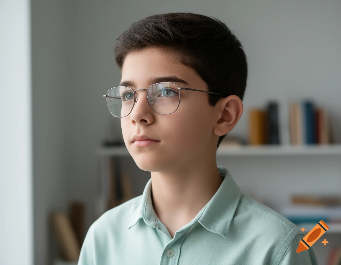 Close-up photorealistic portrait of a young boy with dark hair and glasses, looking pensively to the left.