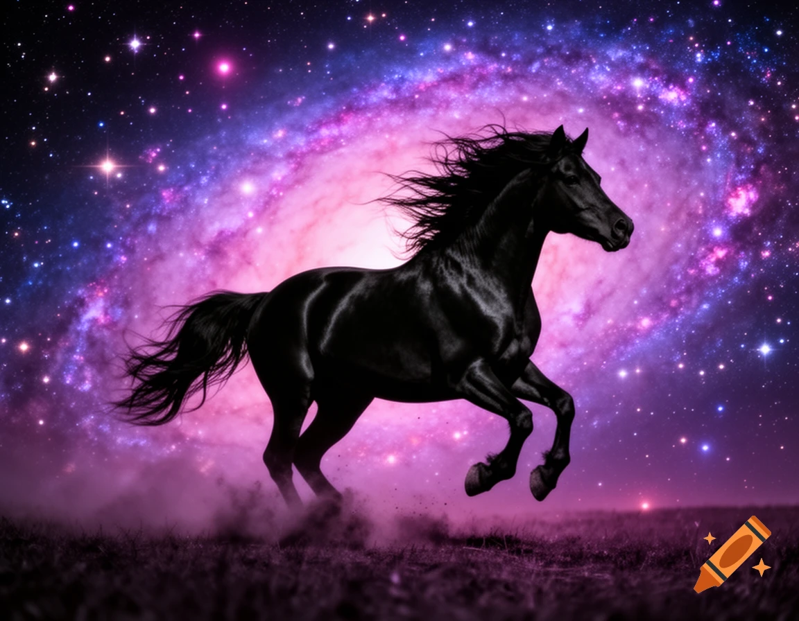 A silhouette of a black horse gallops through a vibrant pink and purple galaxy filled with stars.
