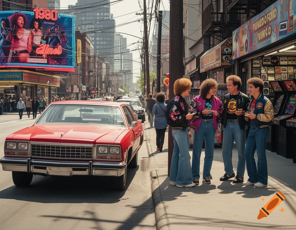 A photorealistic 1980s street scene with a red car parked on the side of a busy street, four young adults in retro clothing stand near an arcade, and neon signs illuminate buildings in the background.