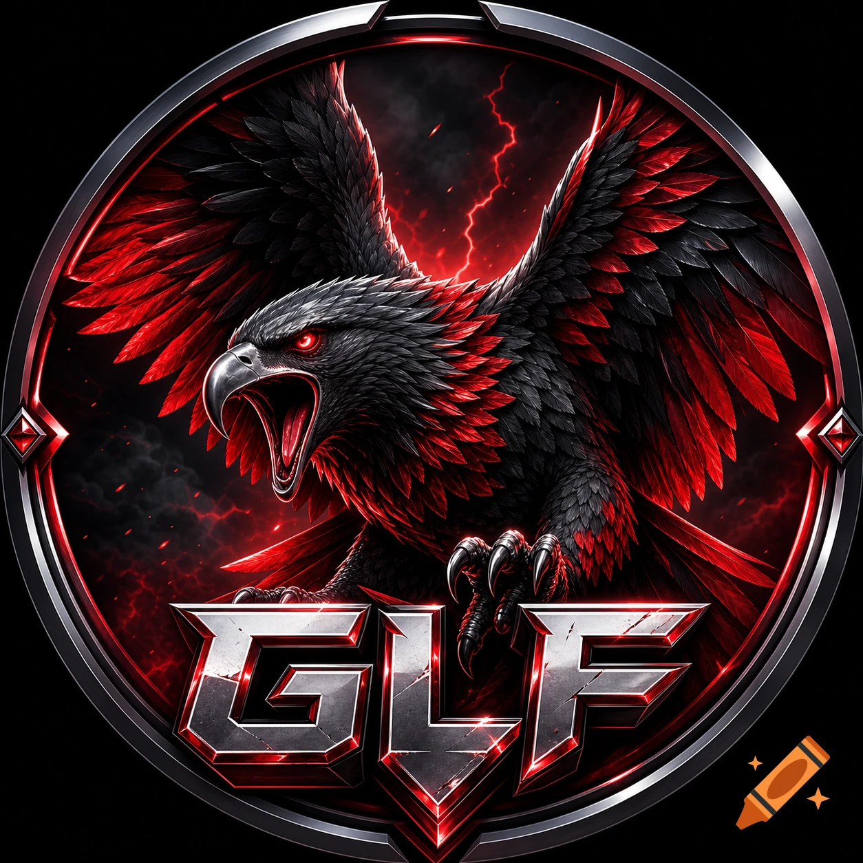 Fierce black and red eagle esports logo with glowing red eyes, metallic GLF text, and a stormy background with red lightning.