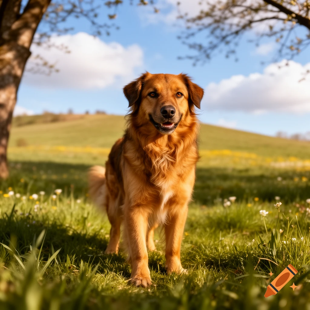 A golden-brown dog stands in a sunny green field under a blue sky, with trees and hills in the background. Photorealistic.