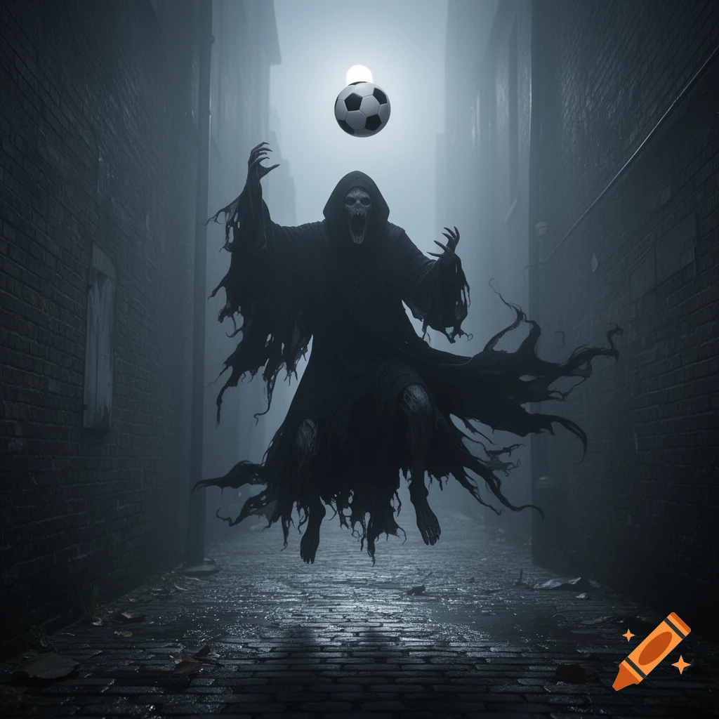 A spectral grim reaper in a dark, misty alleyway floats over a soccer ball, with glowing eyes and torn robes.