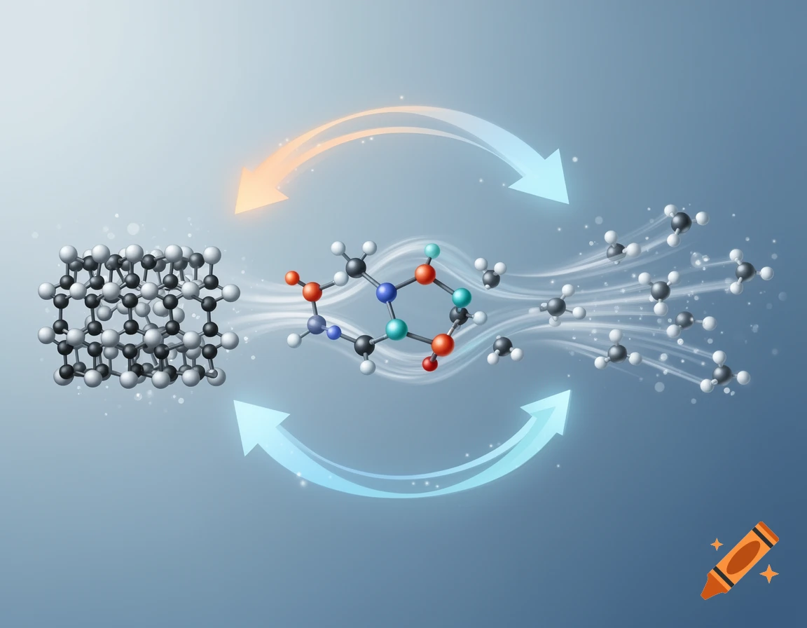 An illustration showing three different molecular states: a solid lattice, a complex molecule, and several simpler molecules dispersing, with curved arrows indicating transitions.
