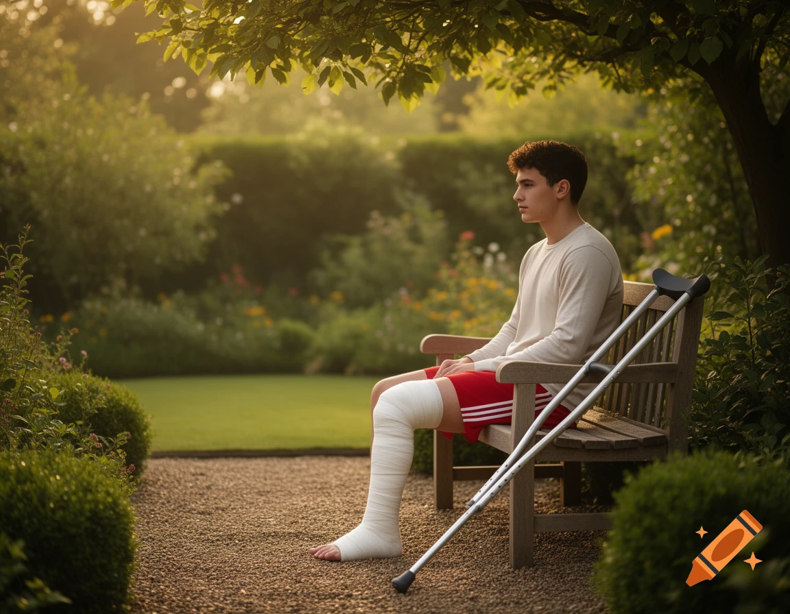 A pensive young man with a heavily bandaged leg sits on a wooden bench in a sunlit garden, with crutches leaning beside him. Photorealistic style.