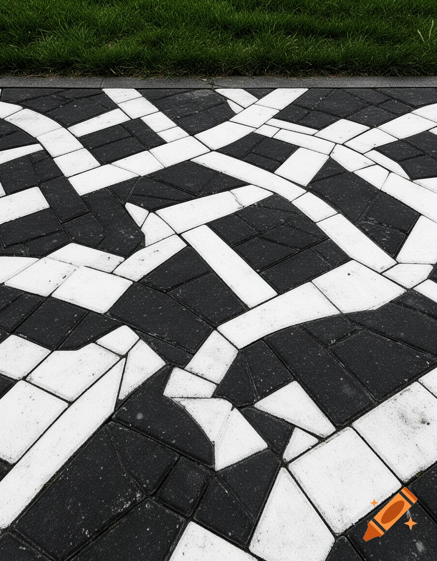 Close-up view of abstract black and white patterned pavement next to green grass.
