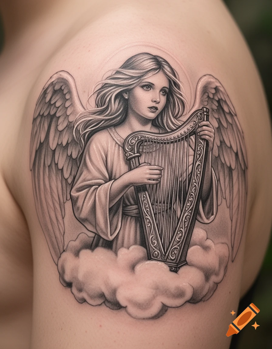 Black and white tattoo of an angel with long hair holding a harp, standing on a cloud, inked on a person's shoulder.