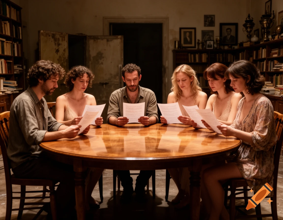 Five people, three women and two men, sit around a polished wooden table, each holding and reading from a piece of paper in a dimly lit, book-filled room.